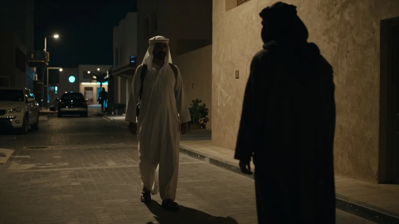 Tourist approached by shadowy figure in Dubai street at night.
