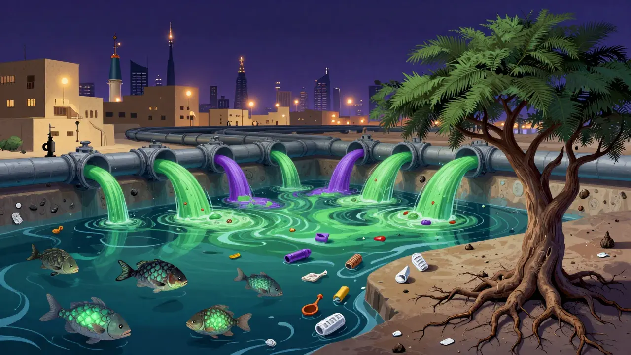 Toxic runoff flowing from illegal spas into coastal wetlands, harming fish and vegetation.