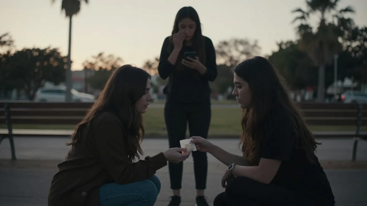 Two women exchange medication in a quiet park at sunrise, one whispering on a phone, the other handing over a bag.