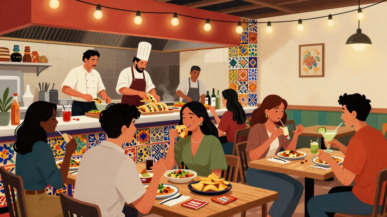 Vibrant Barburrito restaurant with customers sharing tacos and margaritas during weekday happy hour.