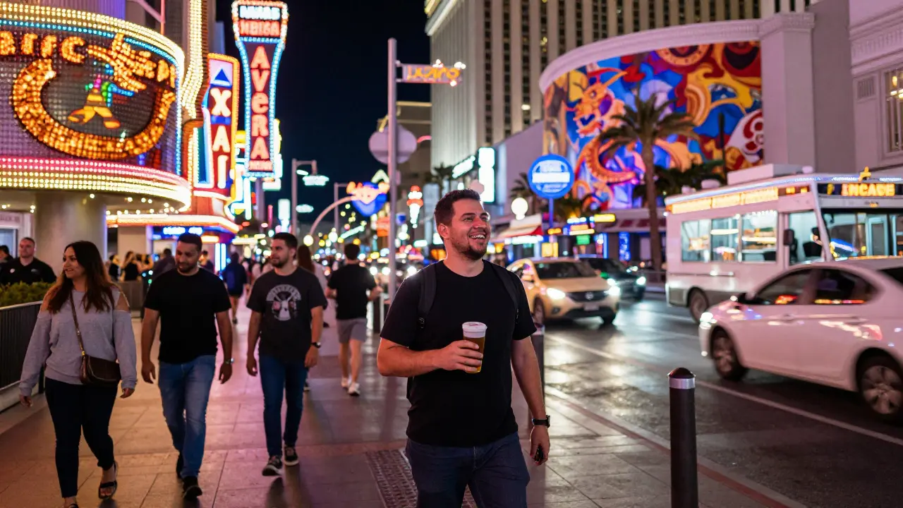 Vibrant Las Vegas Strip at night with neon clubs, people walking freely with drinks, and chaotic 24-hour energy.