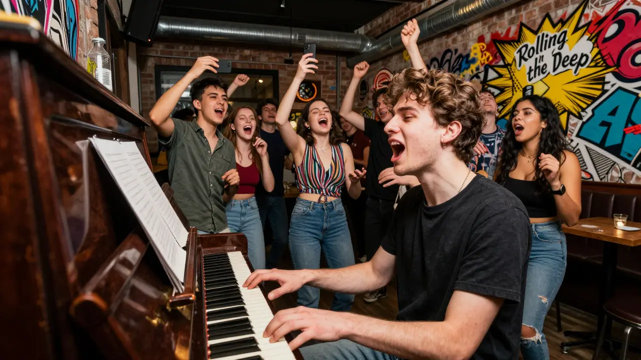 Young crowd dancing and shouting requests at a gritty warehouse piano bar with an upright piano.