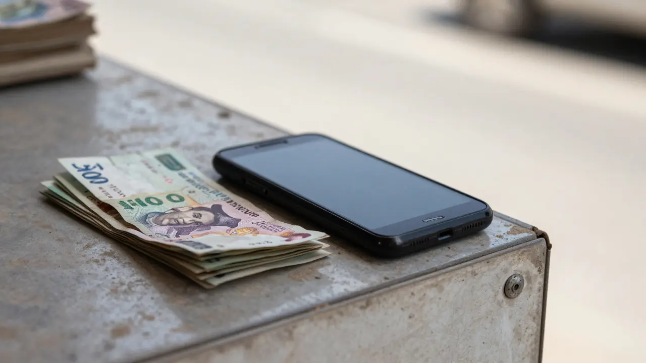 A burner phone and cash on a street vendor's counter in Dubai, no identifying details visible.