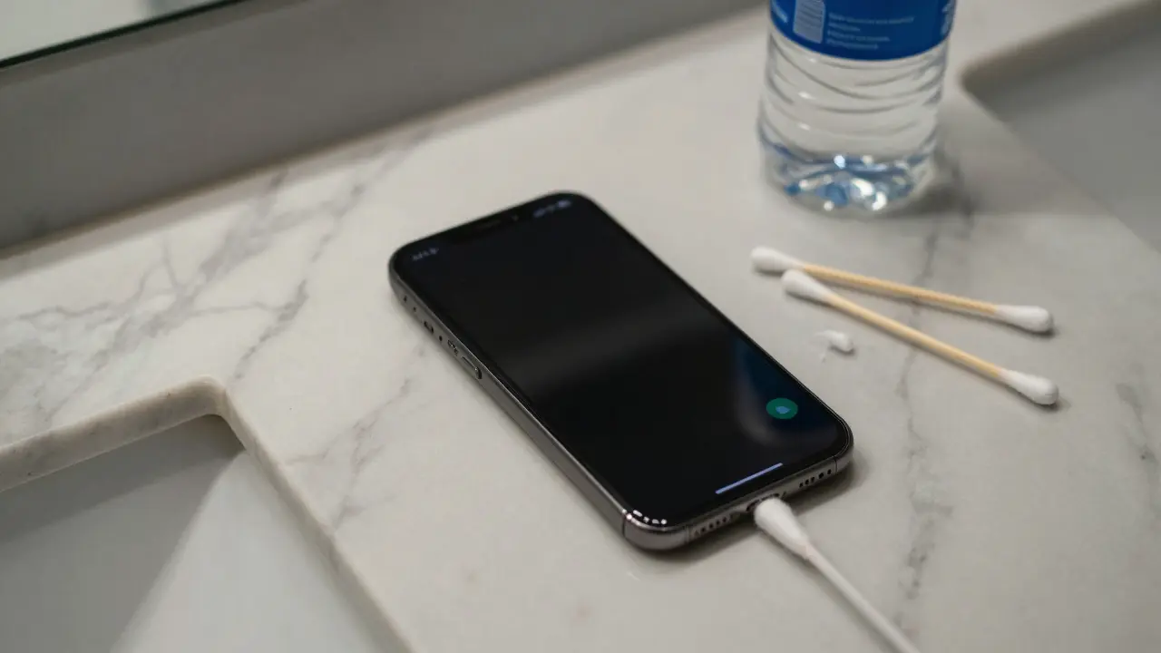 A burner phone on a bathroom counter, surrounded by personal items, screen dark.