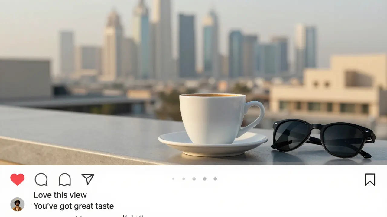 A coffee cup on a Dubai rooftop terrace with subtle coded comments visible on a phone screen, no faces shown.