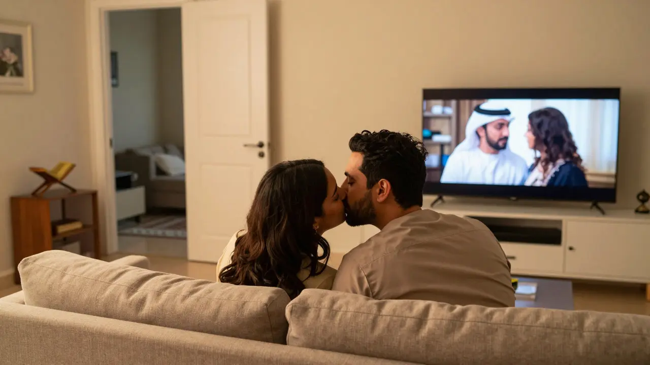 A couple kisses on their couch while watching a romantic Emirati drama, with a Quran visible nearby, reflecting personal and cultural harmony.
