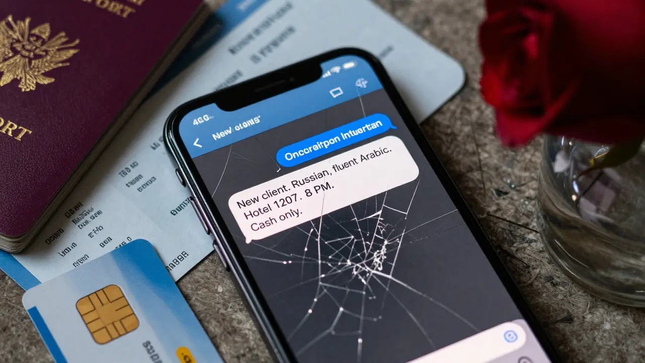A cracked smartphone screen showing encrypted Telegram messages with personal items scattered nearby.