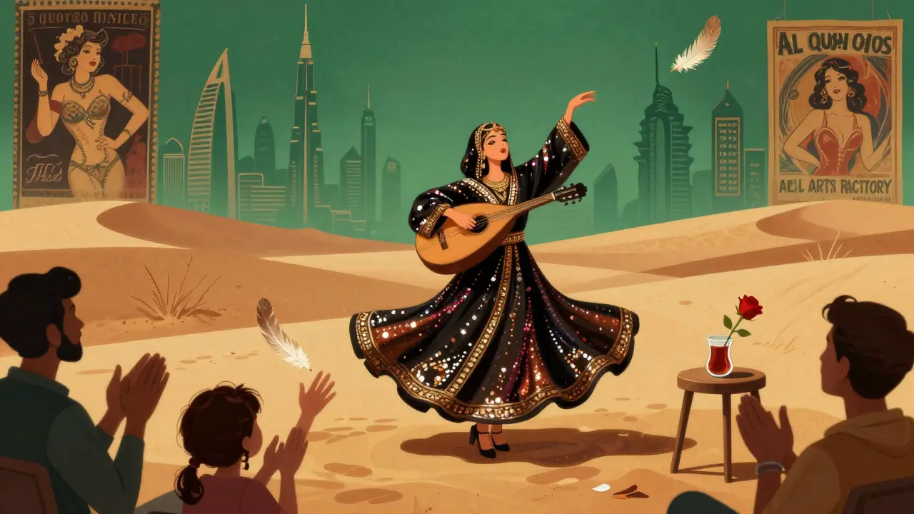 A dancer in a sequined abaya performs to oud music at Desert Dolls, with audience members and a floating feather under warm desert-toned lighting.