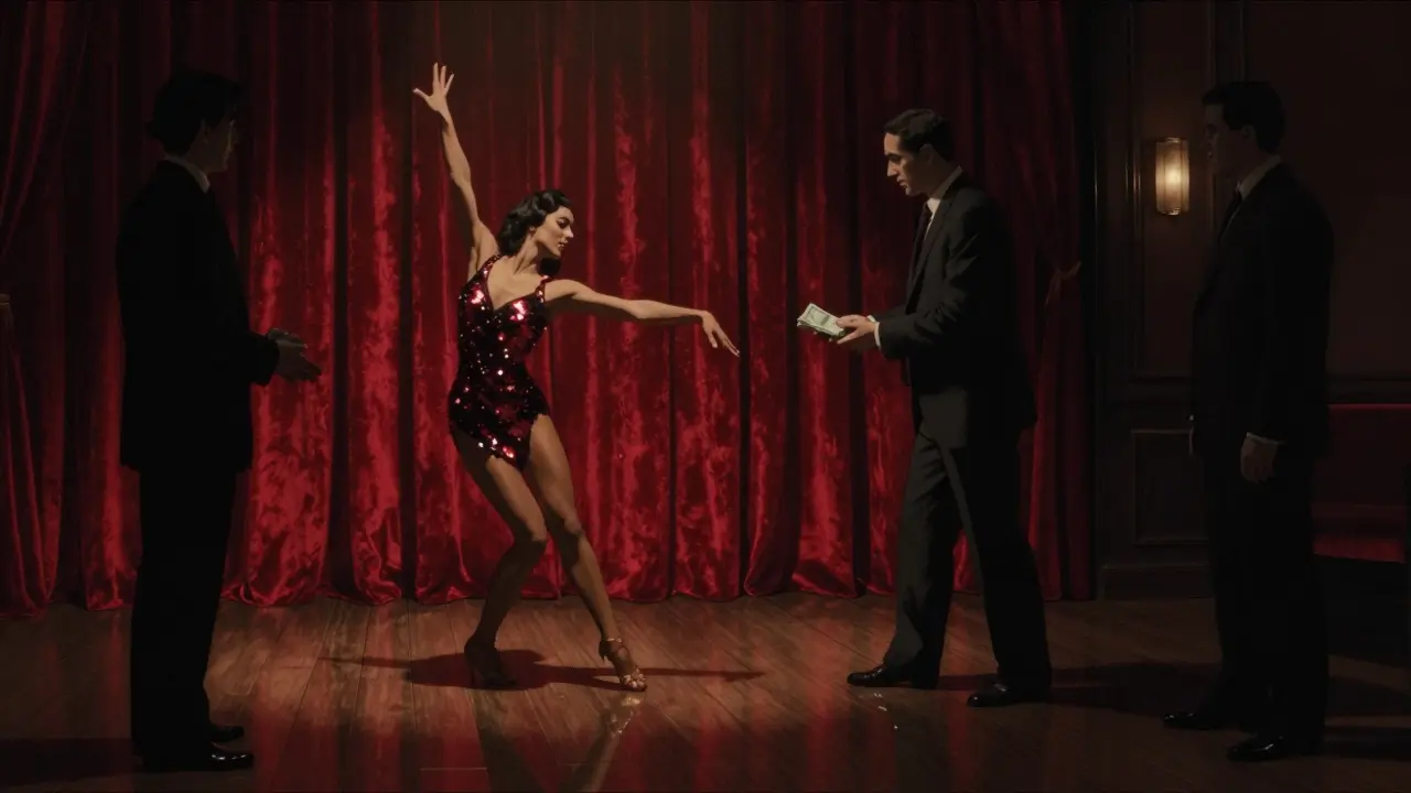 A dimly lit private club interior with a dancer performing under velvet curtains, no cameras, and a shadowy VIP guest.