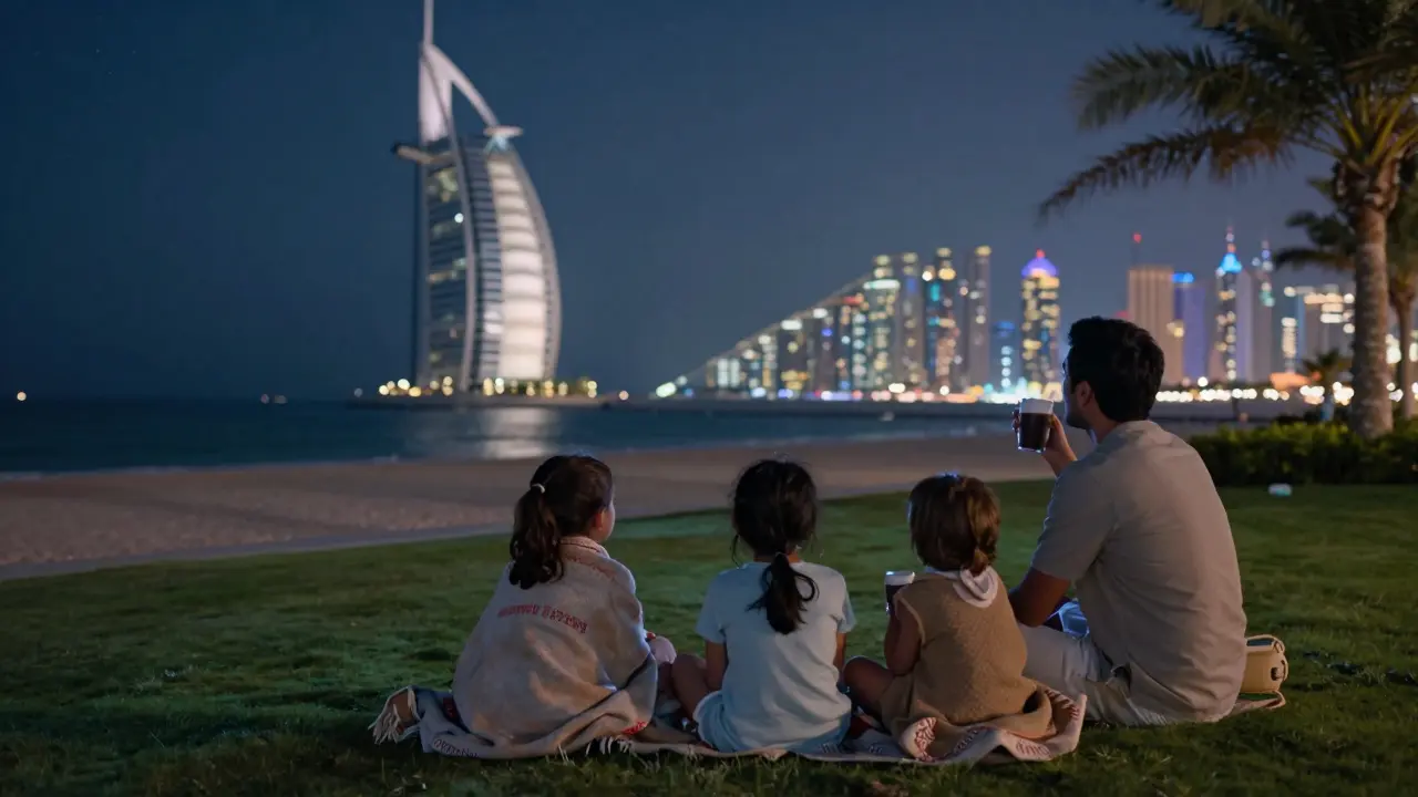 A family watching a movie outdoors on the beach under the stars in Dubai.