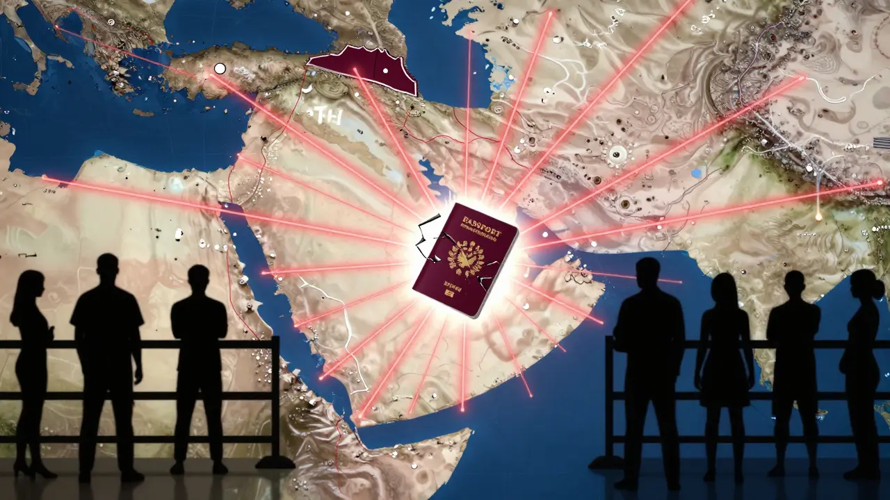 A glowing Gulf map with red warning lines linking Dubai to neighboring countries, silhouettes denied at borders.