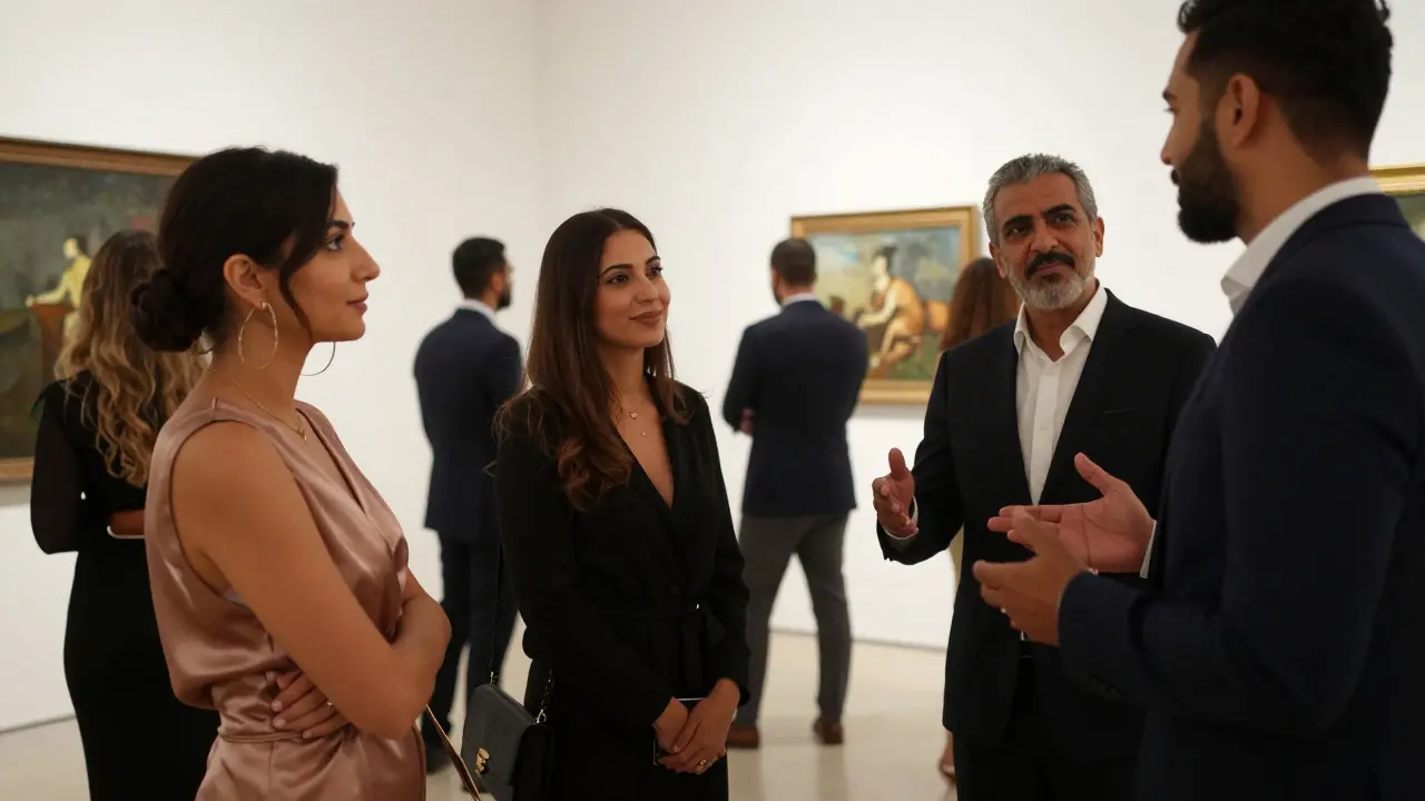 A group of people at an art gallery in Dubai, interacting with subtle grace, conveying companionship without physical intimacy.