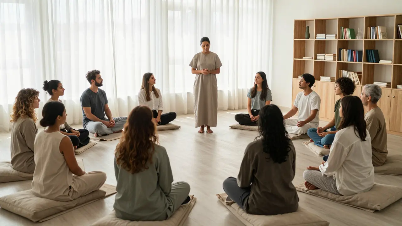 A group of people in a wellness workshop, seated in a circle with faces hidden, guided by a therapist in a tranquil room.