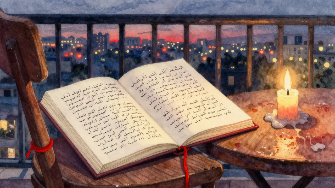 A handwritten poem on a balcony at dusk, with a red thread tied to a chair and a flickering candle, symbolizing hidden desire.