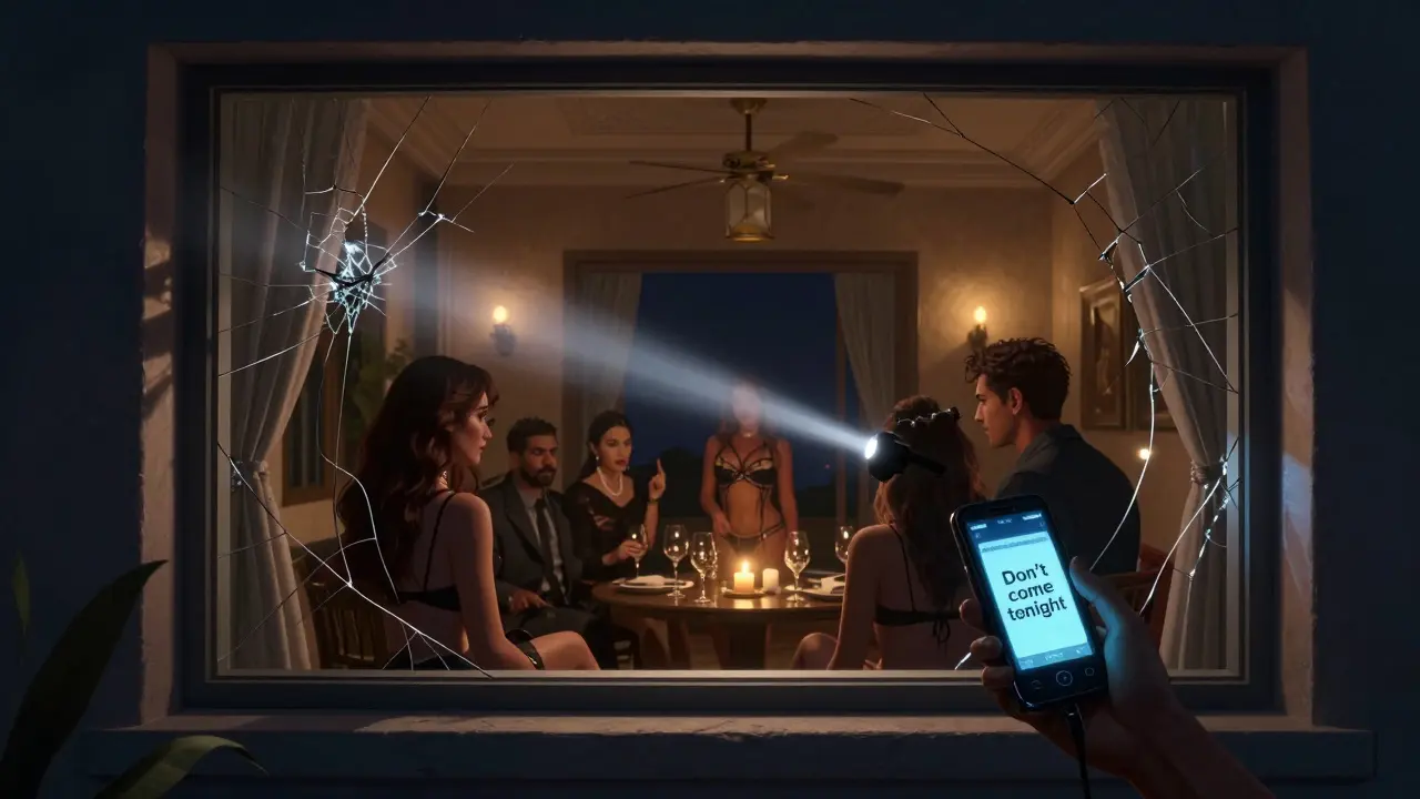 A hidden villa party in Dubai is raided by police, shown through a window with a flashlight casting shadows over guests and a dancer.