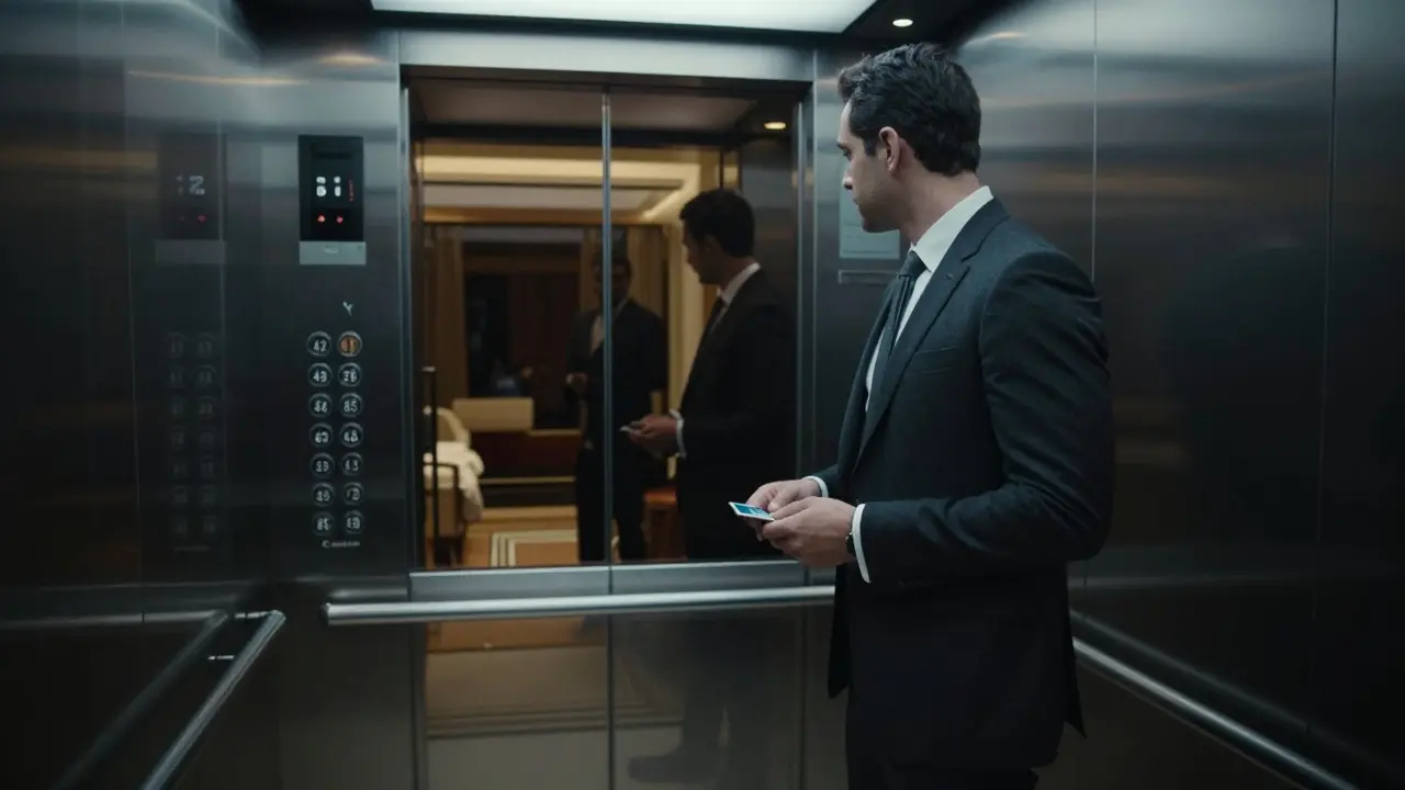 A high-end hotel elevator with hidden floor numbers, revealing discreet access to private adult entertainment venues.