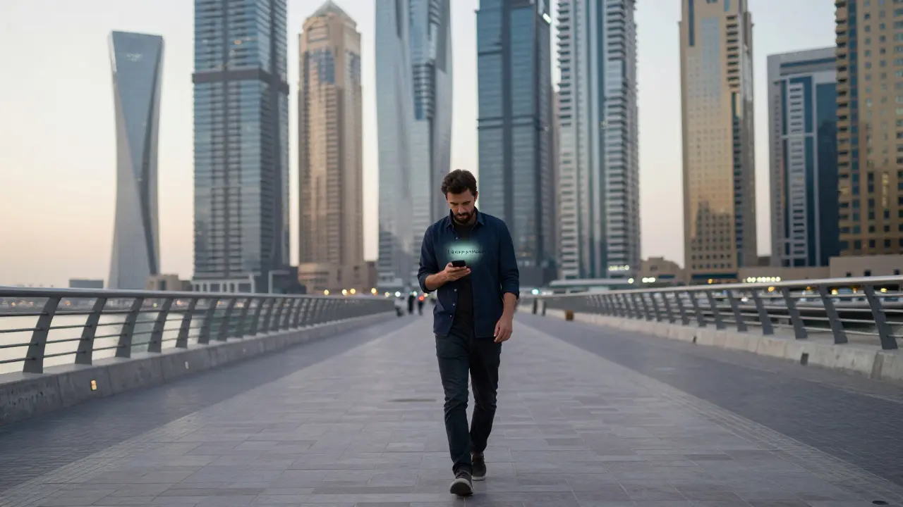 A lonely expat walking through Dubai Marina at dawn, glancing at a phone with a discreet message.