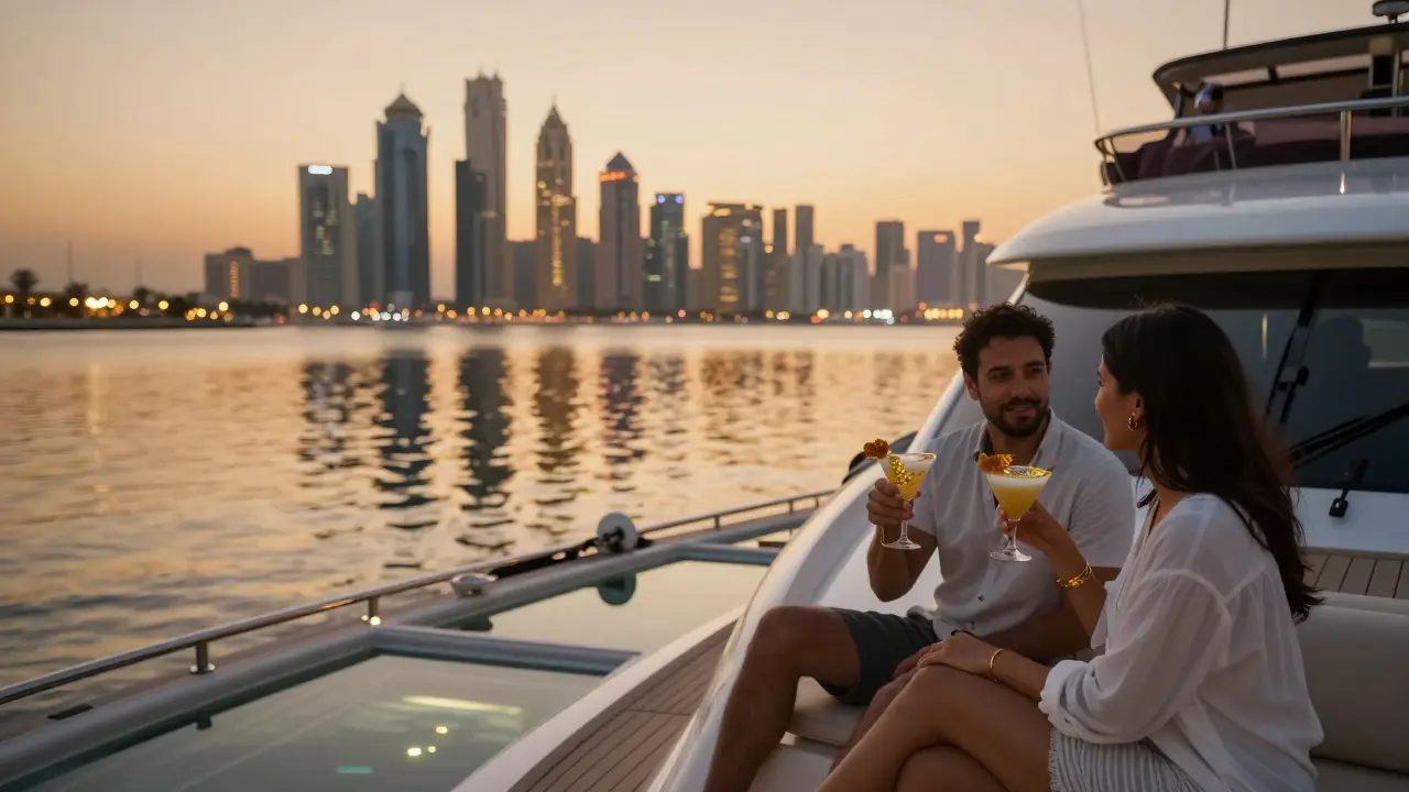 A luxury yacht at sunset on Dubai Marina, couple seated on deck as city lights reflect on water.