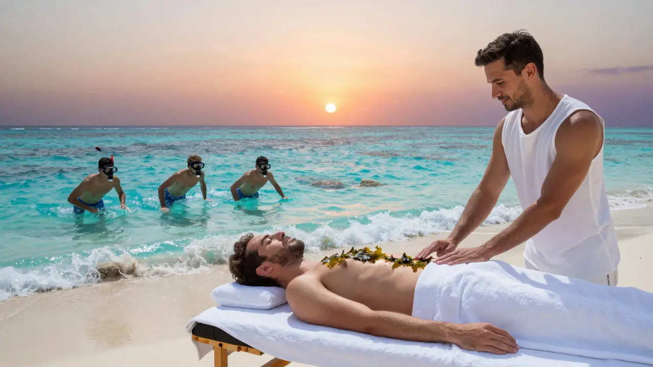 A man getting a beach massage while his friends snorkel in coral reefs at Jumeirah Al Naseem.