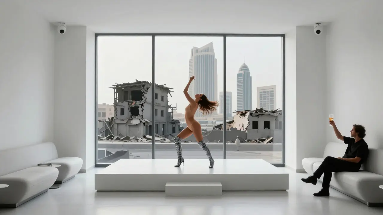 A modern Dubai lounge with a clothed dancer on stage, security cameras visible, overlooking the empty site of a vanished club.