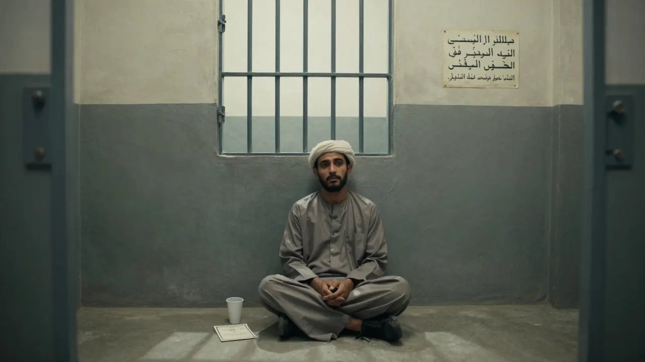 A person alone in a Dubai prison cell, shadows from barred windows falling across a folded marriage certificate on the floor.