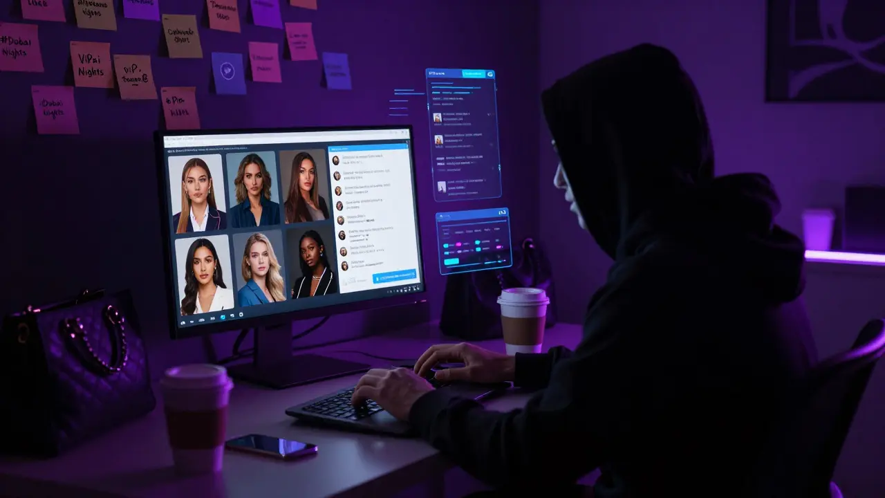 A person managing AI-generated profiles and encrypted chats for an underground digital companionship network.