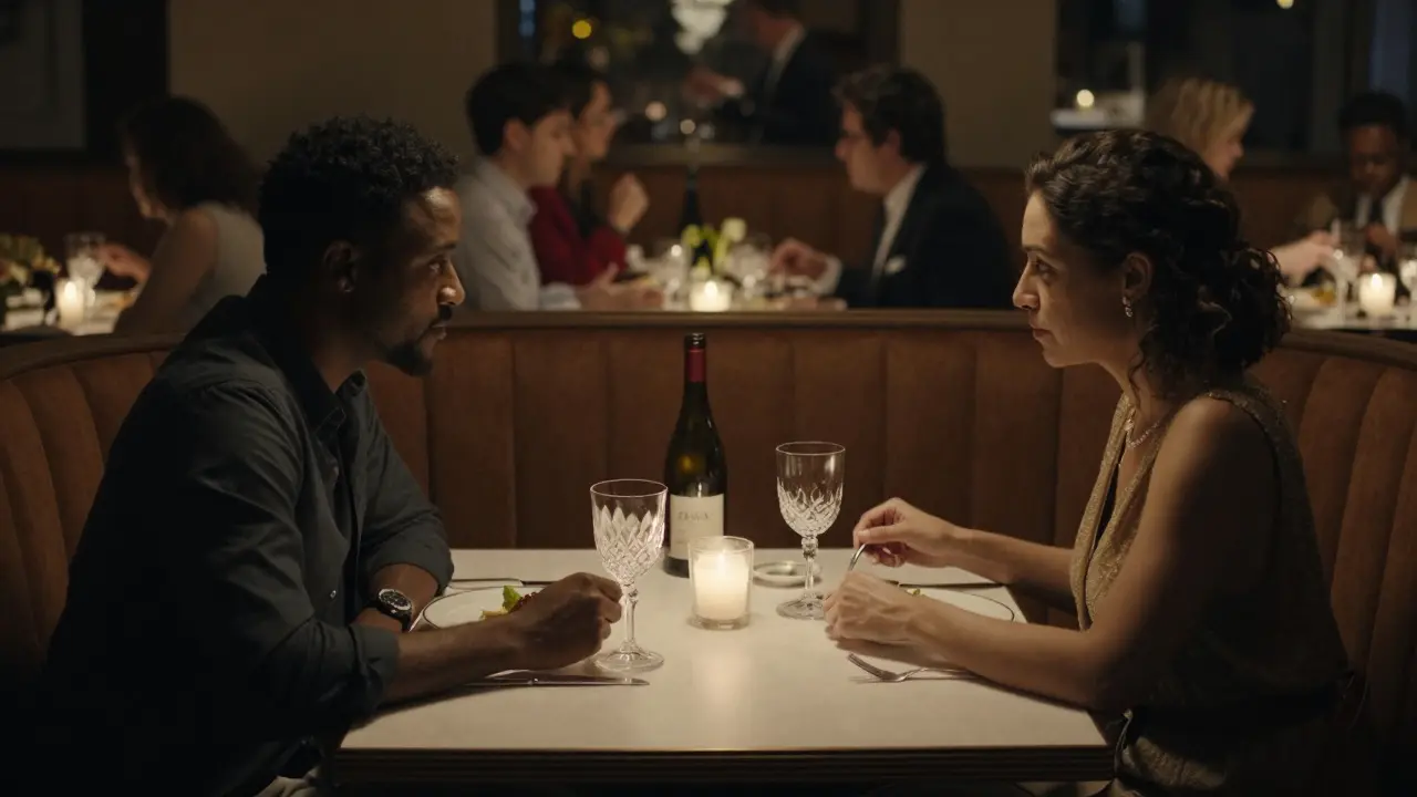 A private dinner at Zuma restaurant, two elegantly dressed figures seated in a dimly lit booth, fine dining details softly lit by candlelight.