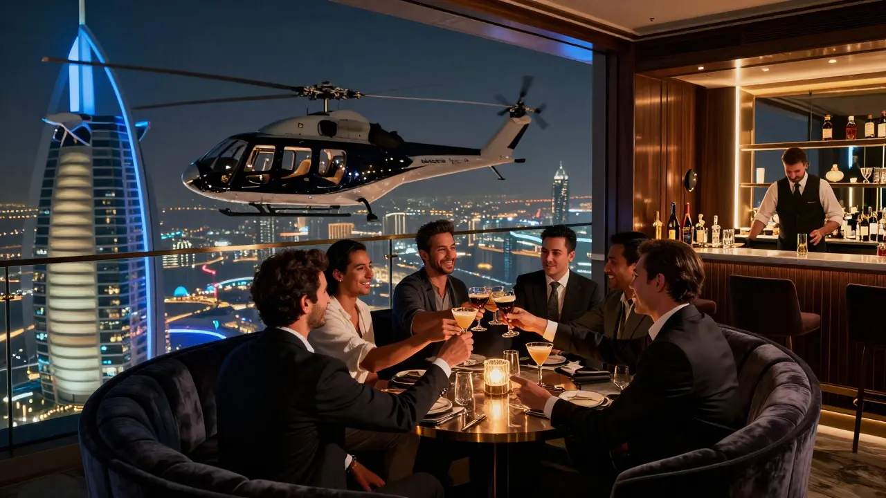 A private rooftop sky lounge above Dubai with guests toasting as the Palm Jumeirah glows below.