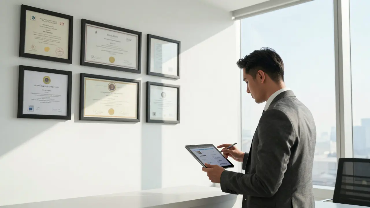 A professional companion in a high-end Dubai agency office, reviewing client details on a secure tablet with credentials visible.