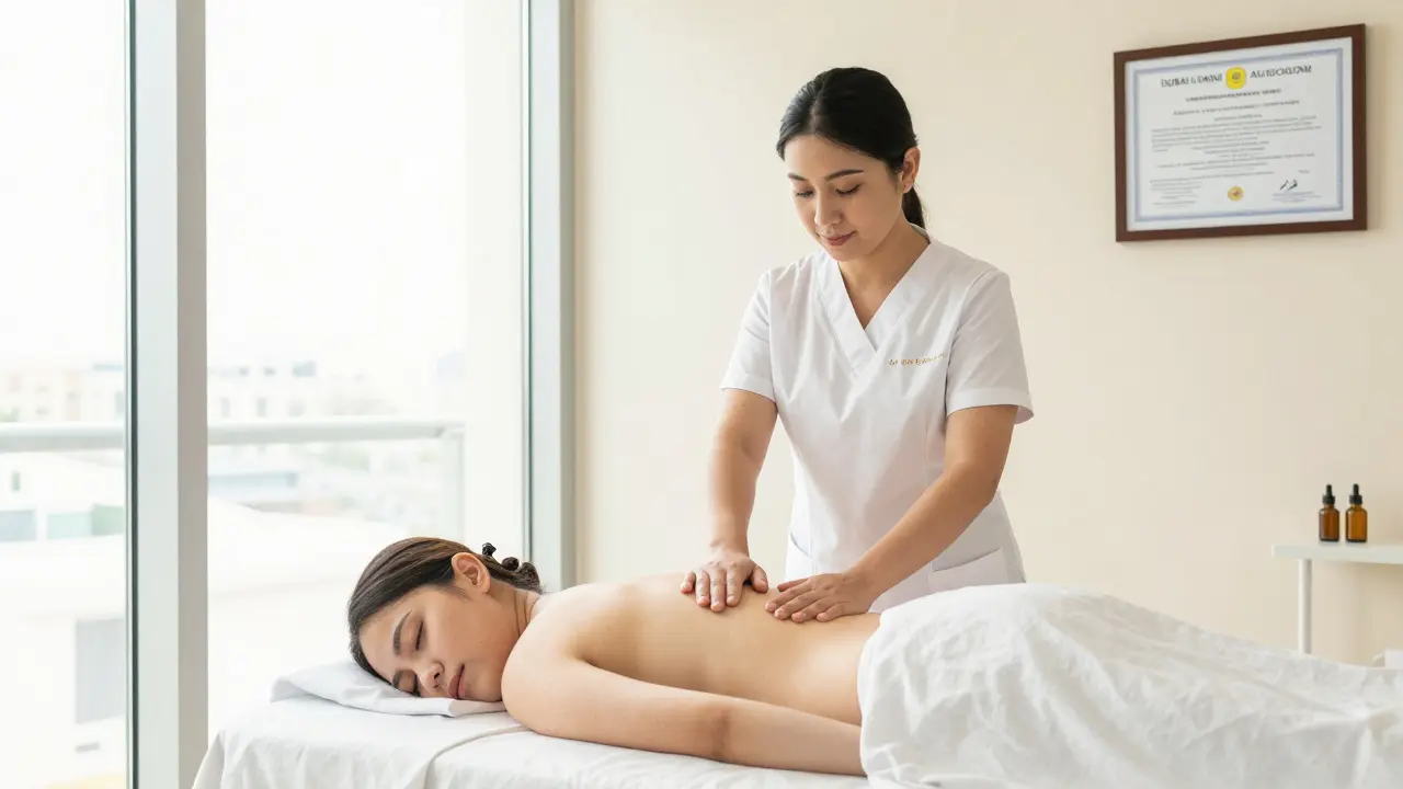 A professional, licensed spa therapist providing a calm, legal therapeutic massage in Dubai.