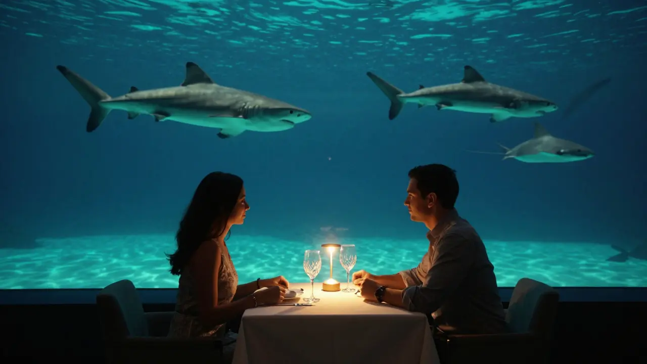 A romantic dinner underwater at Al Mahara, with marine life gliding past the glass walls.