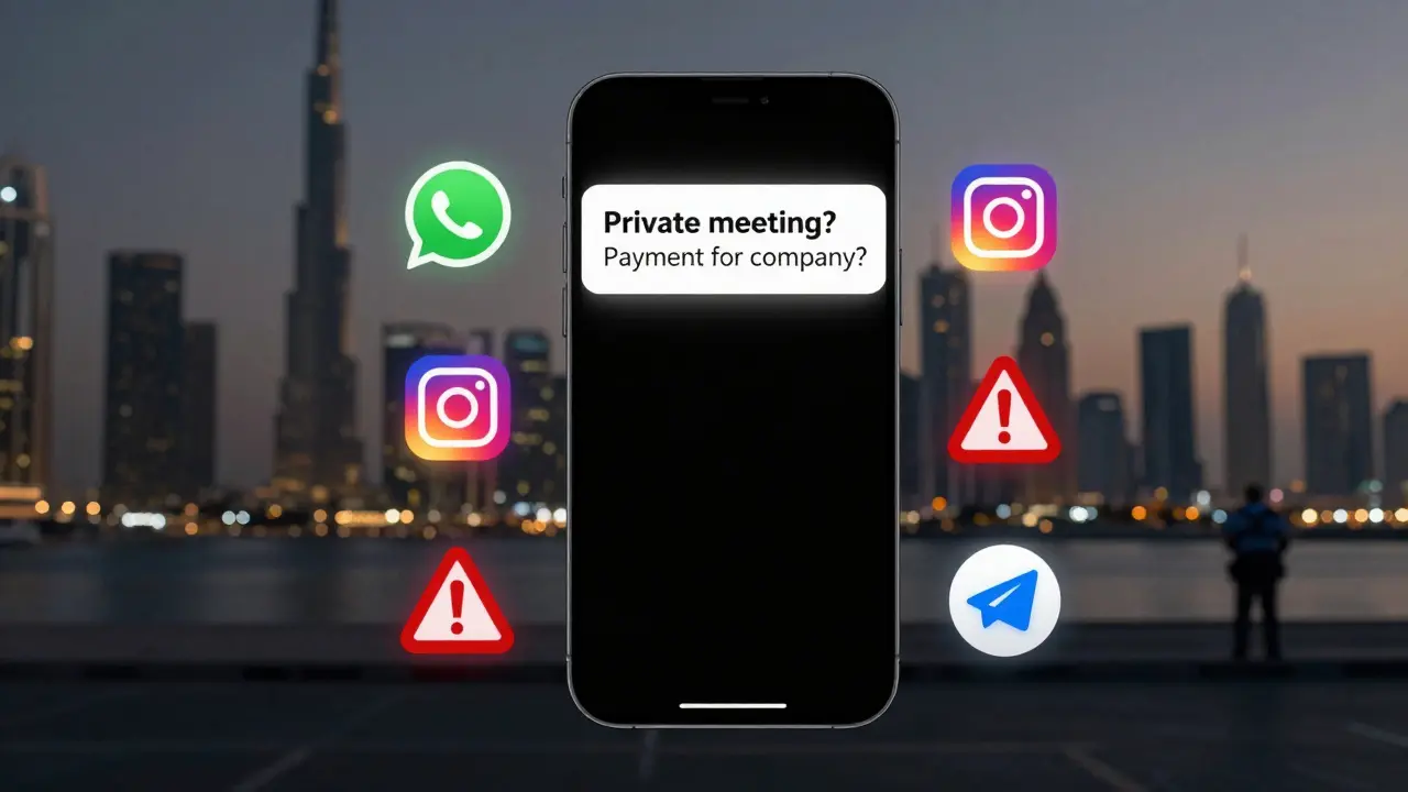 A smartphone screen showing flagged messages about escort services with warning icons.