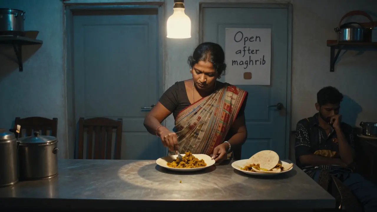 A Sri Lankan chef preparing hoppers in a hidden basement kitchen in Dubai, soft light on food, handwritten note on the door.