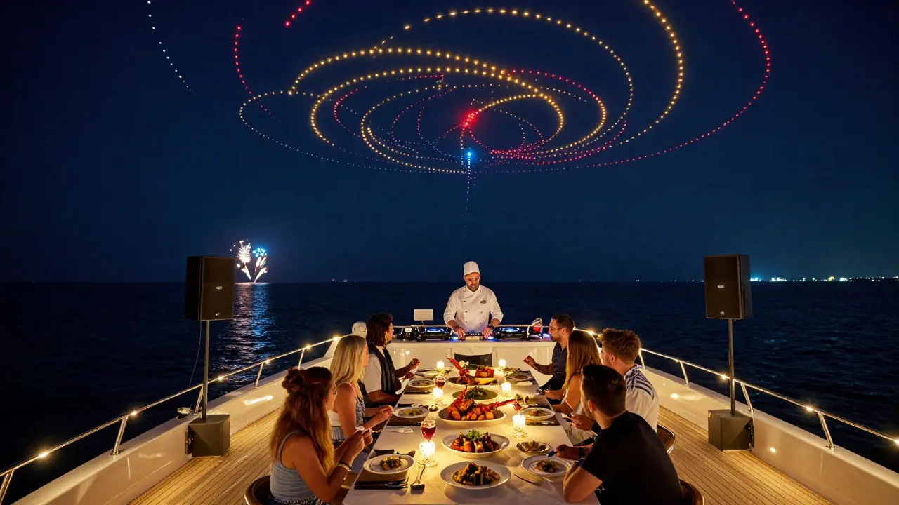 A superyacht at night with guests dining as drone lights and fireworks illuminate the ocean sky.