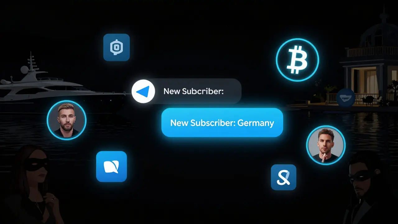 A surreal digital landscape of encrypted chat, cryptocurrency, and masked performers in anonymity.