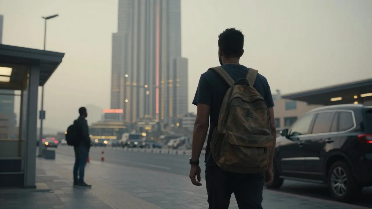 A survivor walks alone at dawn in Dubai, a luxury hotel glows behind her as a suspicious vehicle watches from afar.