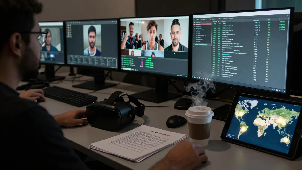 A technician monitors render farms and blockchain payment logs in a quiet Dubai VR editing suite, with a VR headset and contracts on the desk.