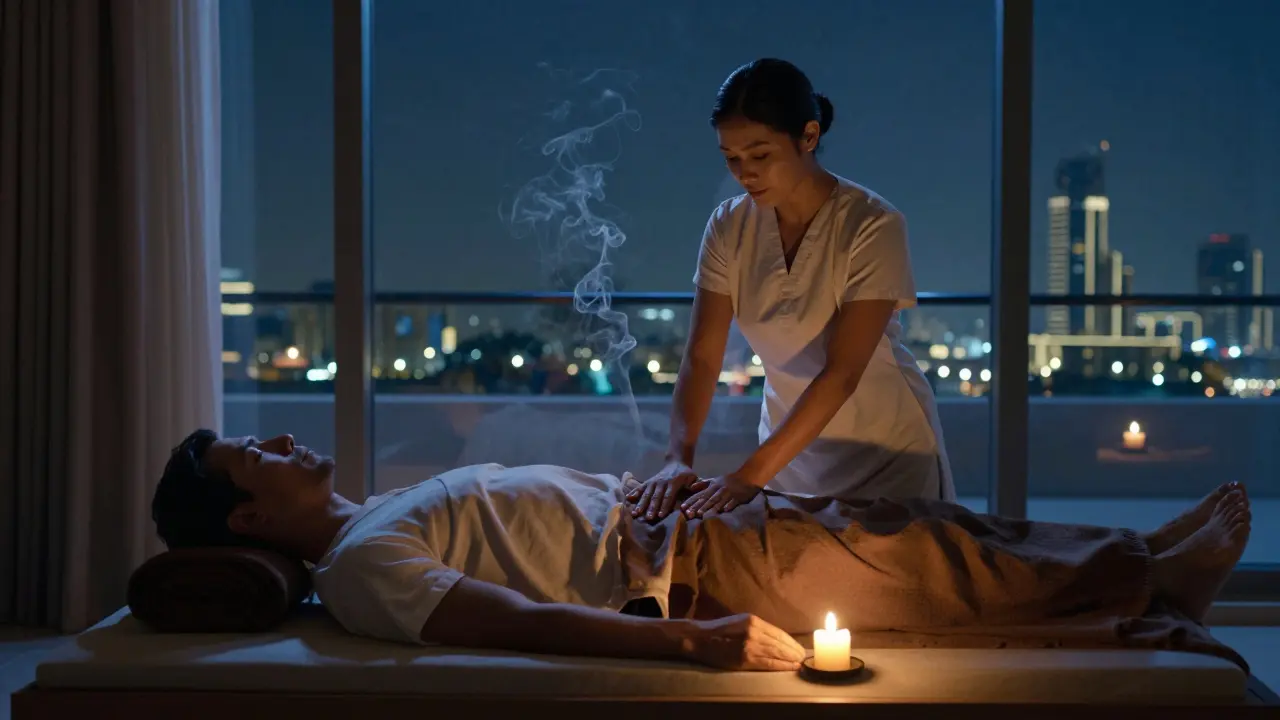 A Thai woman giving a massage in a hotel room, candles and incense creating a calm, wellness-focused atmosphere.