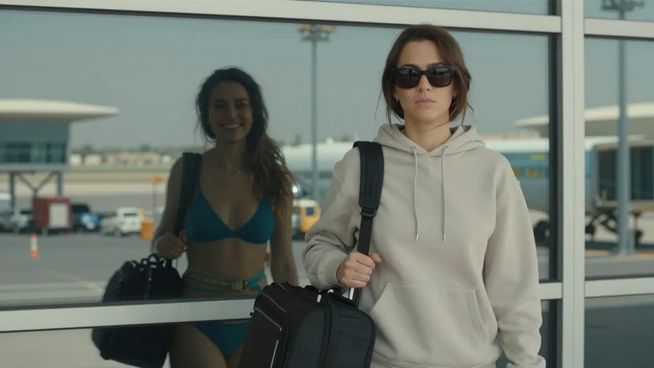 A woman boarding a flight at Dubai airport, sunglasses hiding her face, reflection hinting at a hidden past.