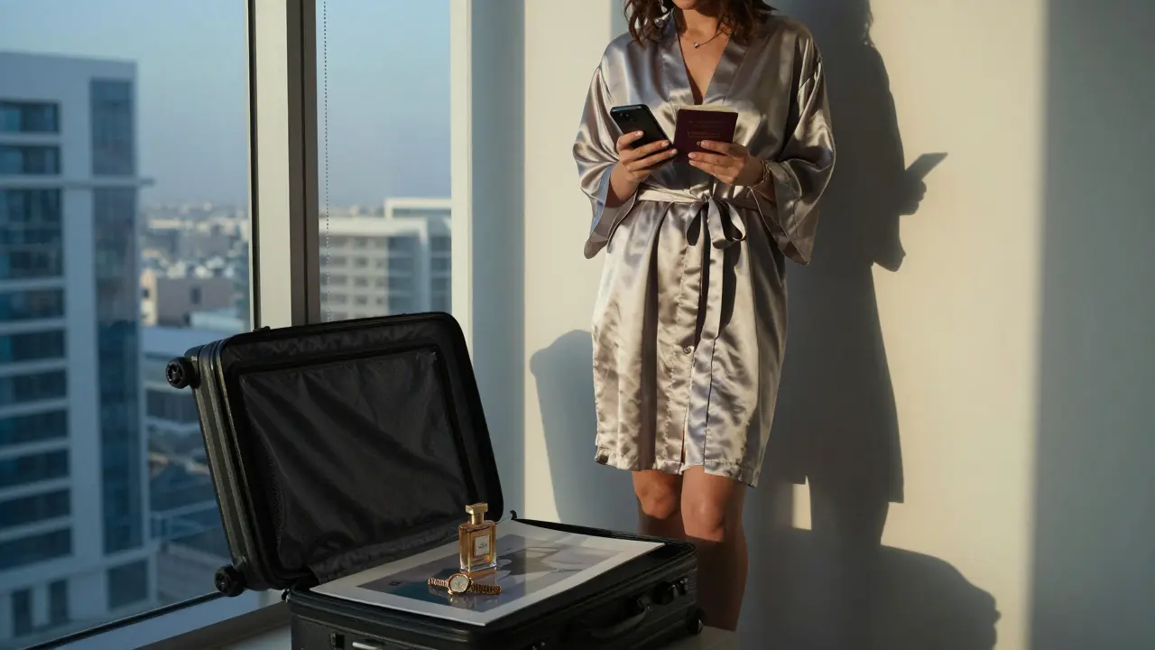 A woman in a silk robe prepares to leave a luxury Dubai apartment, personal items laid out in silence, dawn light streaming through the window.