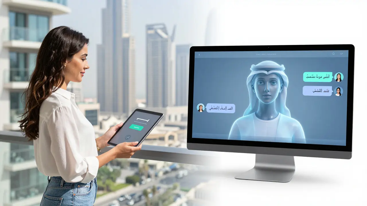 A woman receiving a digital payment while an AI chatbot interface projects a calm holographic face in Dubai.