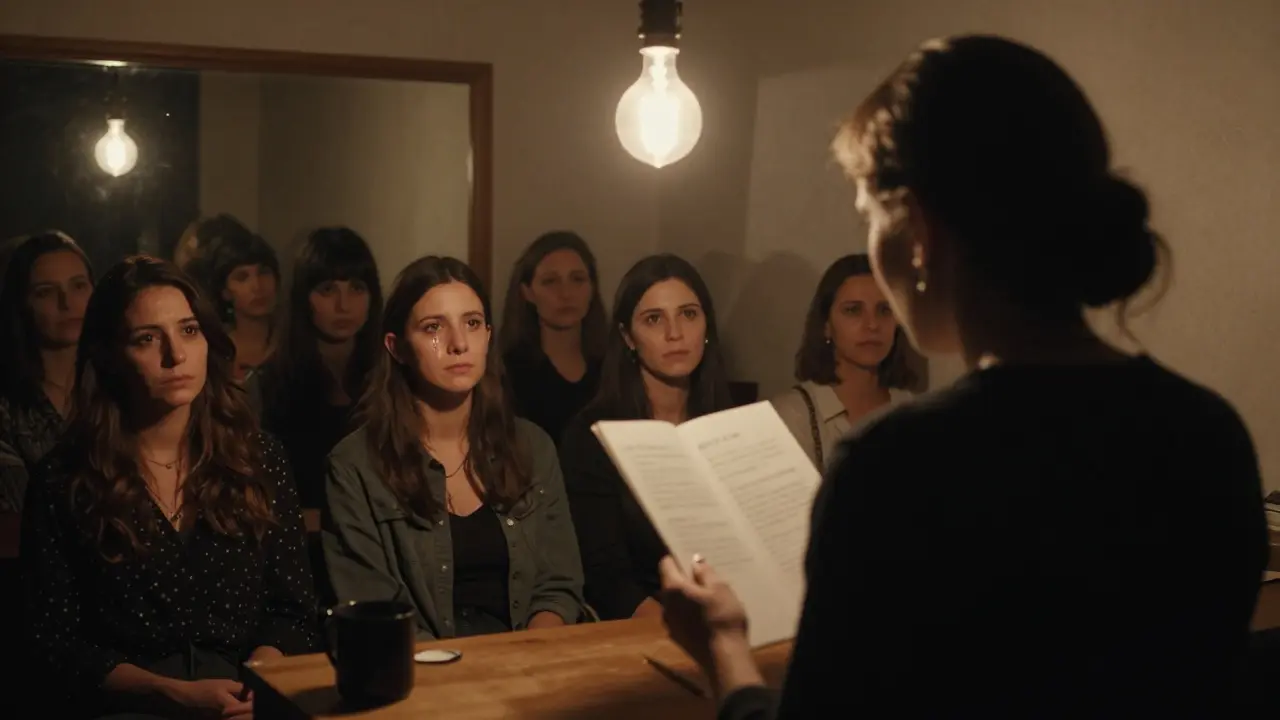 A woman reciting poetry in a silent underground salon, her audience moved by unspoken truths under a single hanging light.