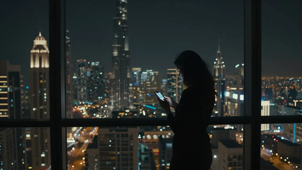 A woman silhouetted at a Dubai high-rise balcony, city lights glowing behind her.