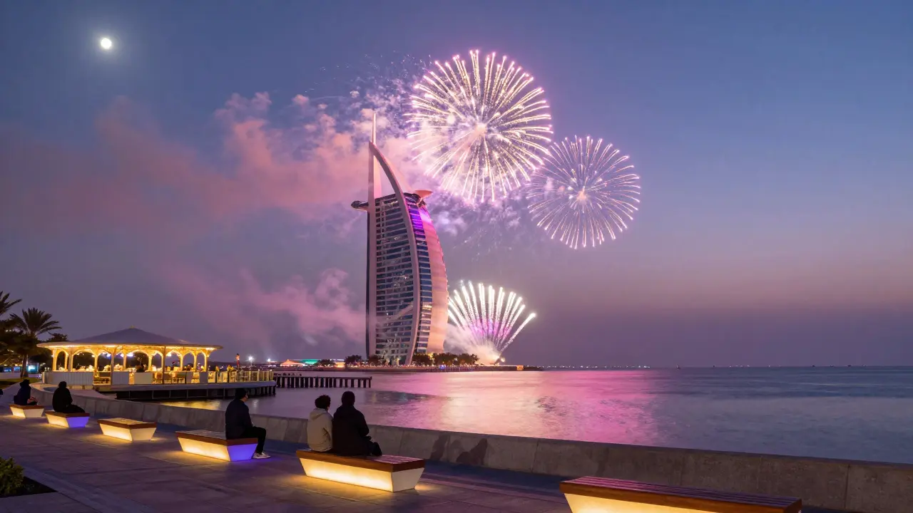 Ain Dubai glowing with fireworks bursting in a circular pattern over Bluewaters Island at night.