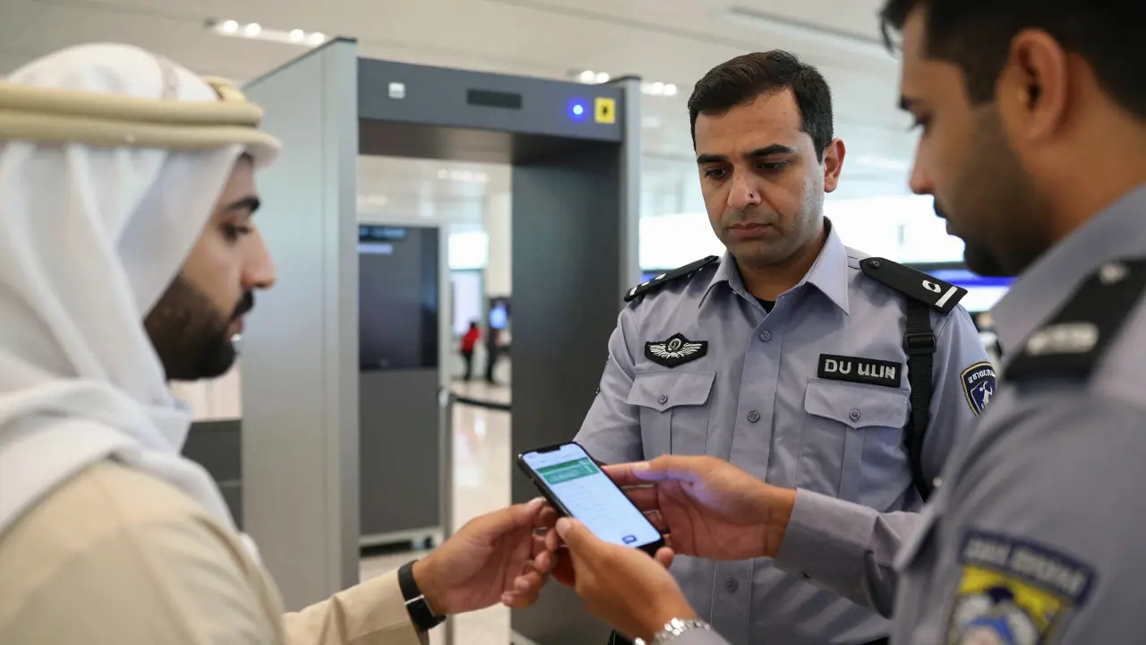 Airport security officer inspecting a traveler's mobile phone.