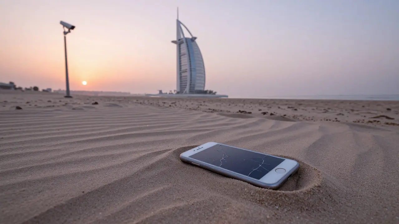 An abandoned smartphone half-buried in the sand on Palm Jumeirah at sunrise, with a surveillance camera in the distance.