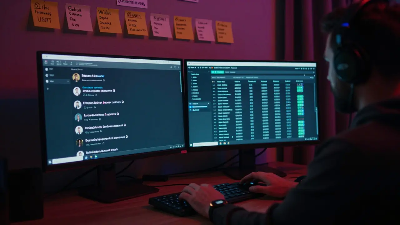 An anonymous operator at a desk with dual monitors showing encrypted messages and cryptocurrency transactions.
