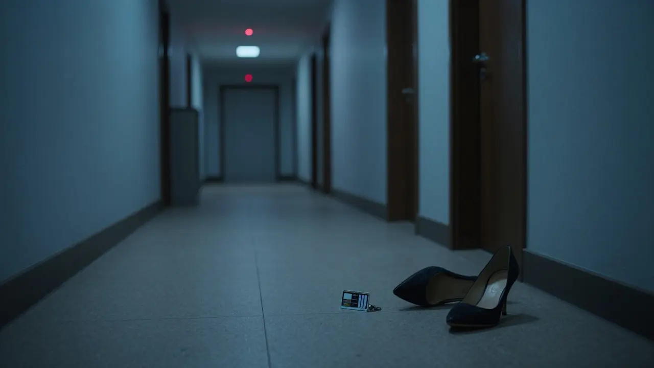 An empty hotel corridor with a discarded shoe and blinking surveillance light at night.