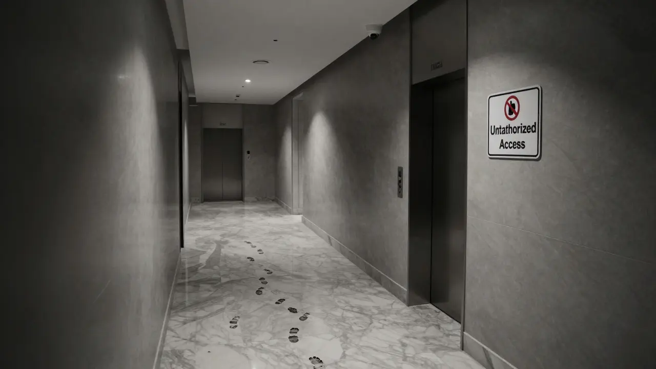 An empty luxury hallway in Dubai with a security camera and fading footprints, conveying surveillance and invisibility.