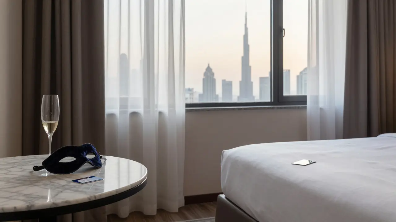 An empty luxury hotel suite at dawn, showing signs of a silent, unspoken event with no trace of disruption.